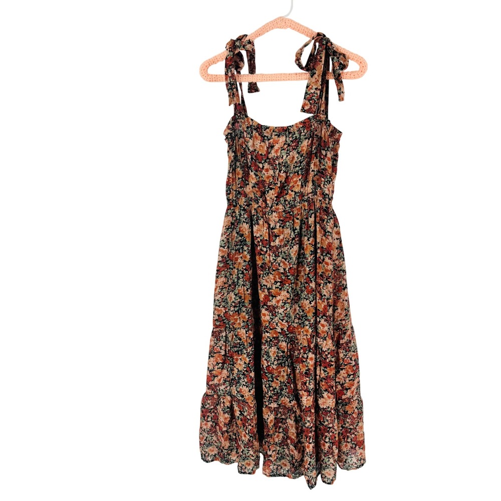 August Sky Midi Dress Multicolor Floral Size M Tiered Boho Earthy Whimsical
